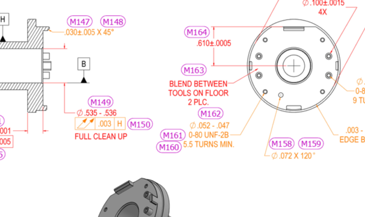 Engineering inspection report with GD&T callouts and 3D part views