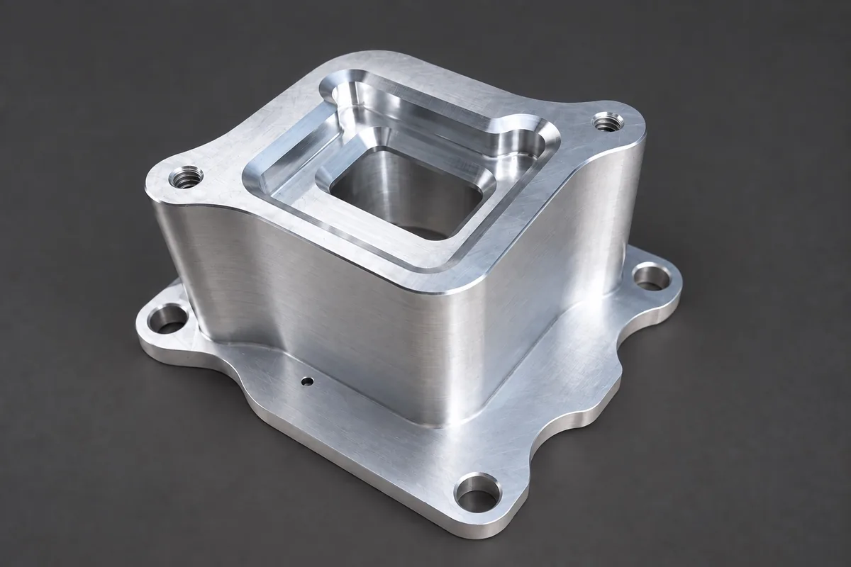 CNC machined flanged pocket housing with a stepped rectangular pocket and scalloped base flange