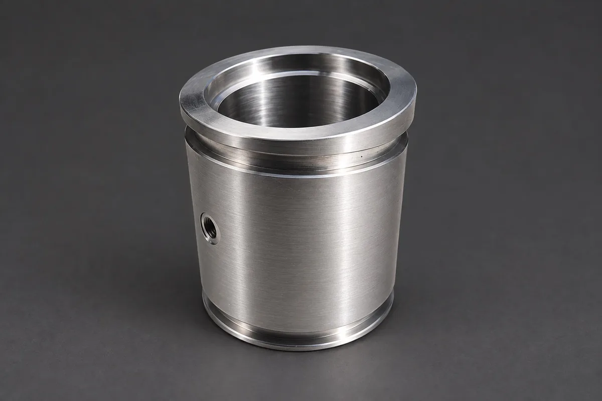 Mill-turned sleeve from our shop: turned outside diameter, end grooves and a radial cross-hole